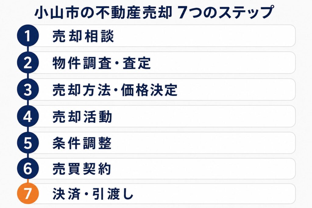 小山市の不動産売却の流れを7ステップで説明した図