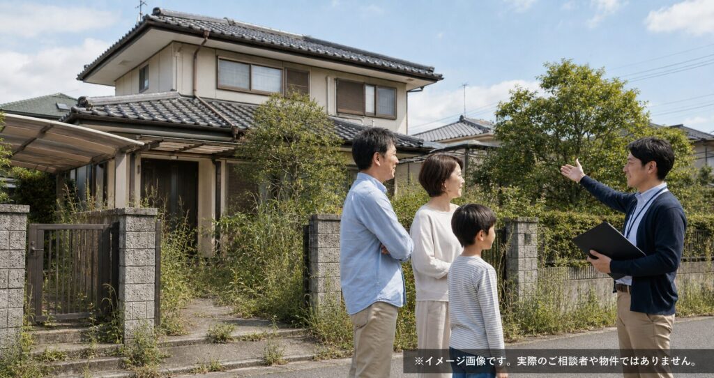 草木が伸びた相続住宅の前で小山市の不動産会社に相談する家族
