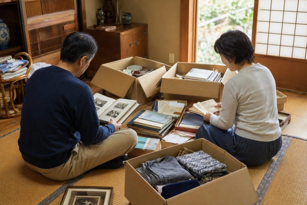 相続した実家の荷物を家族で整理するイメージ