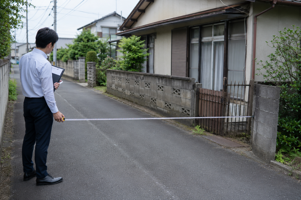 古い住宅の前面道路の幅員を確認するイメージ