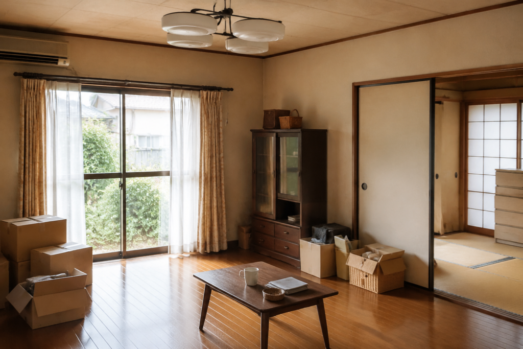 荷物が残った小山市の空き家の室内イメージ