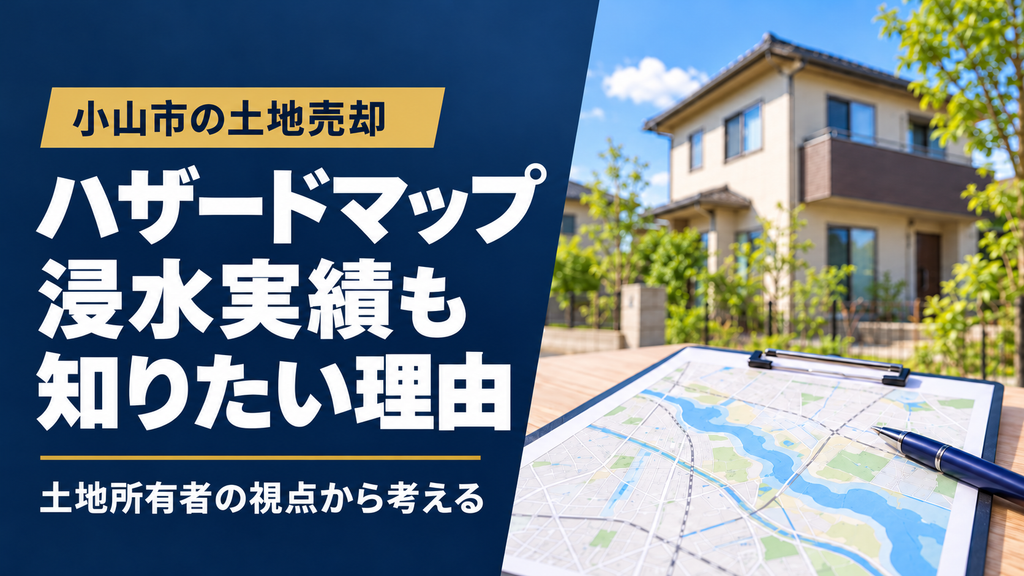 小山市のハザードマップと浸水実績を土地所有者の視点から考える。住宅と地図を背景にした記事紹介画像