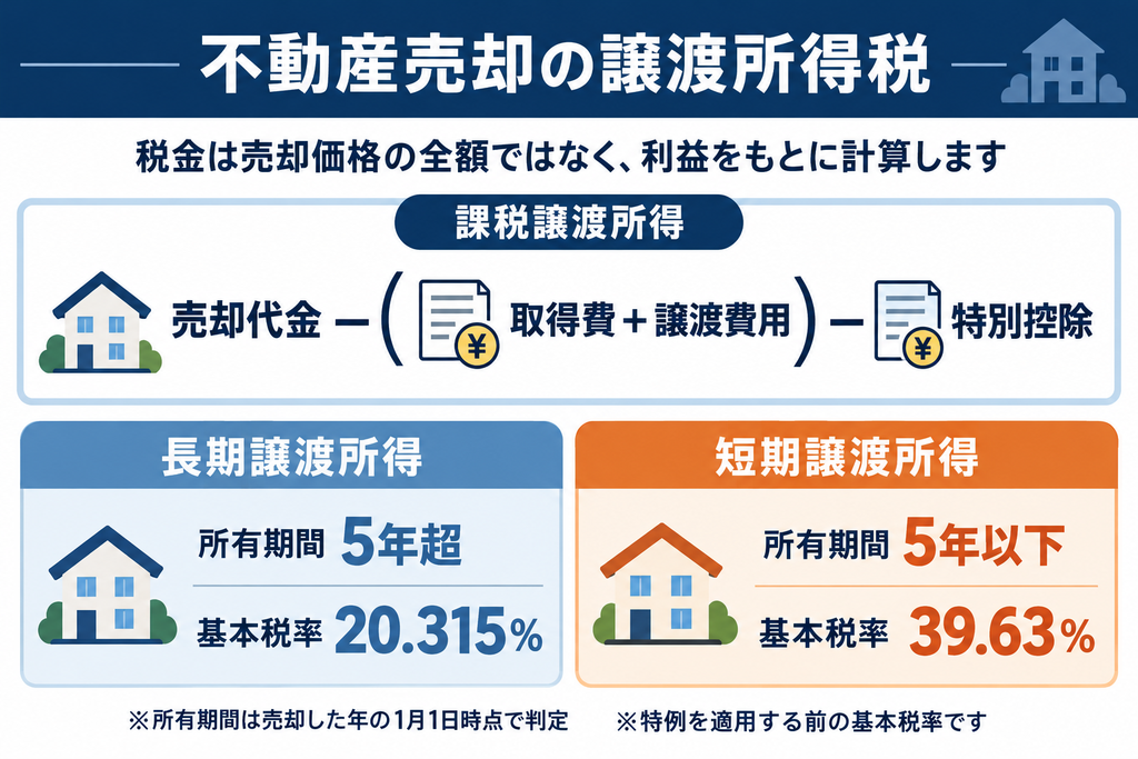 小山市の不動産売却における課税譲渡所得の計算方法と長期・短期譲渡所得の基本税率