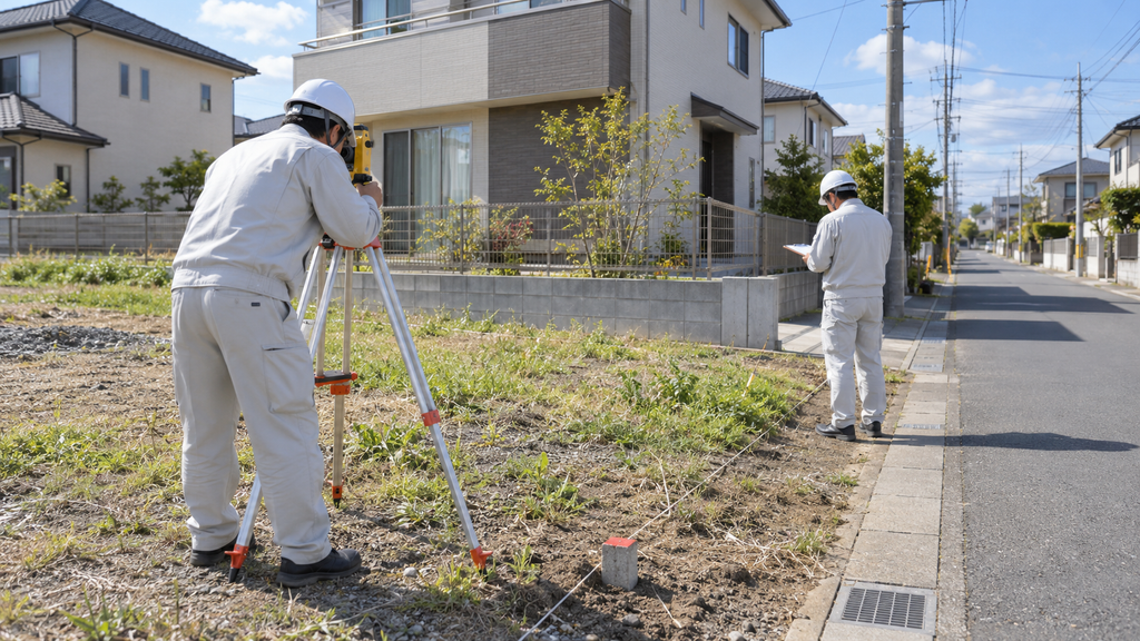 小山市の住宅地で土地の境界を確認する測量作業のイメージ