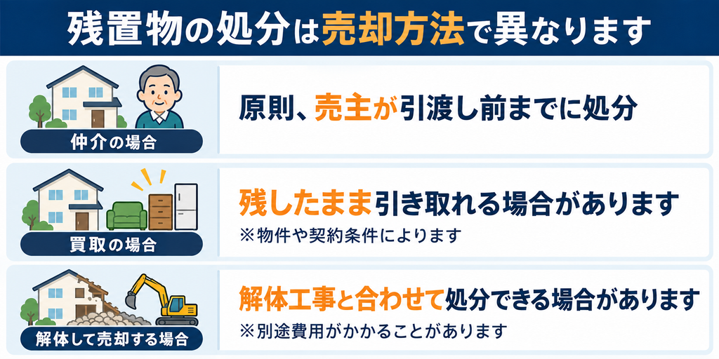 小山市の不動産売却で仲介・買取・解体による残置物の処分方法の違いを示した図